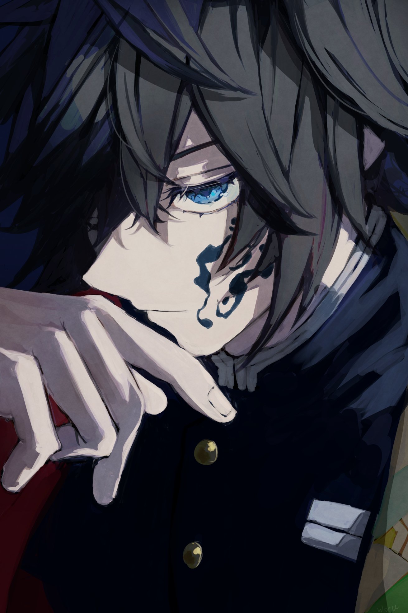 tomioka giyuu, kimetsu no yaiba, highres, 1boy, black hair, black jacket, blue eyes, buttons, close-up, closed mouth, demon slayer uniform, fingernails, gold buttons, hair between eyes, half-closed eyes, hand up, haori, jacket, japanese clothes, kanukamui, kikkoumon, looking at viewer, male focus, print haori, red haori, solo, spiked hair, upper body