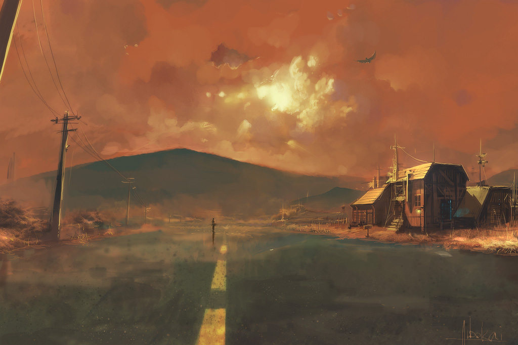 adiyos, panorama, bird, building, cloud, house, landscape, mountain, power lines, red sky, road, scenery, signature, sky, sun