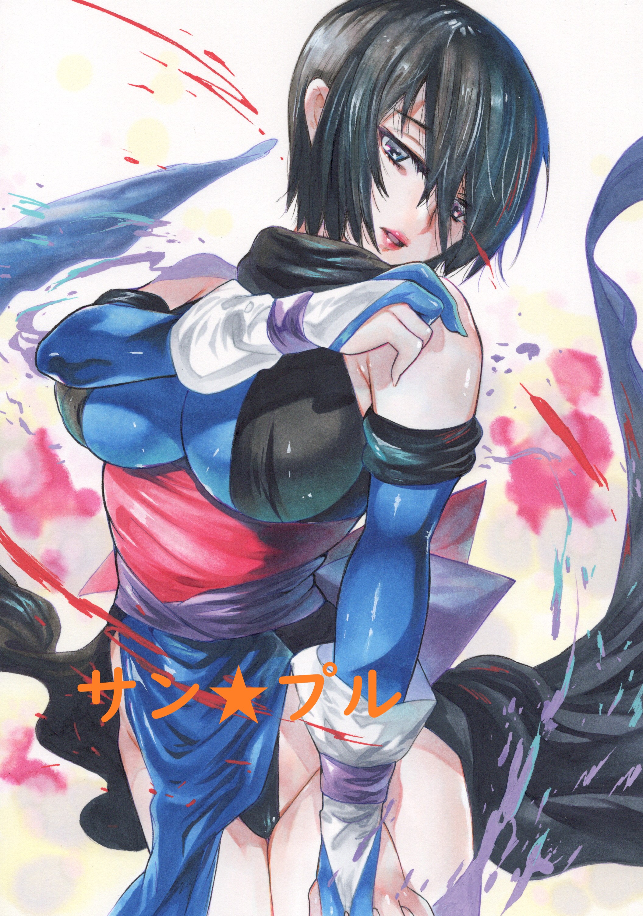 shiki (samurai spirits), samurai spirits, snk, 1girl, black hair, blue eyes, breasts, heterochromia, large breasts, red eyes, solo