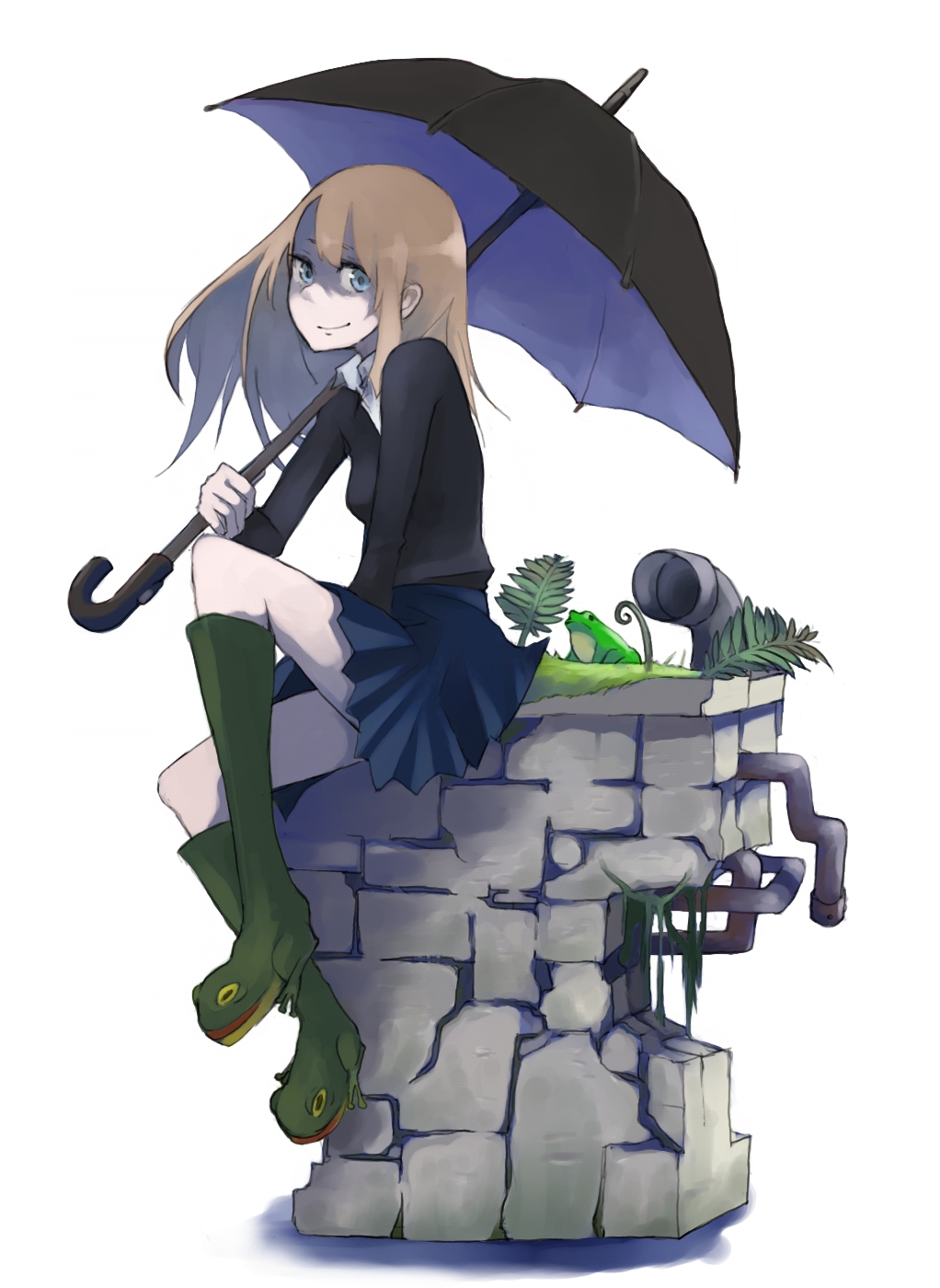 tansuke, original, highres, blue eyes, boots, brown hair, frog, long hair, rubber boots, sitting, skirt, smile, solo, umbrella