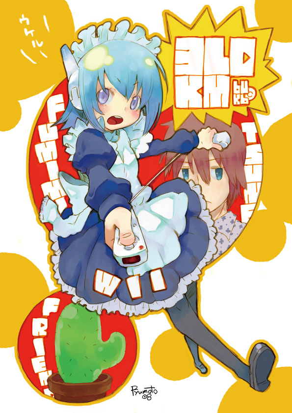 hamamoto ryuusuke, big zam, fumimi, tsuneda, 3ldkm, 1boy, 1girl, black pantyhose, blue hair, blush, cactus, game console, maid, pantyhose, purple eyes, robot ears, short hair, wii