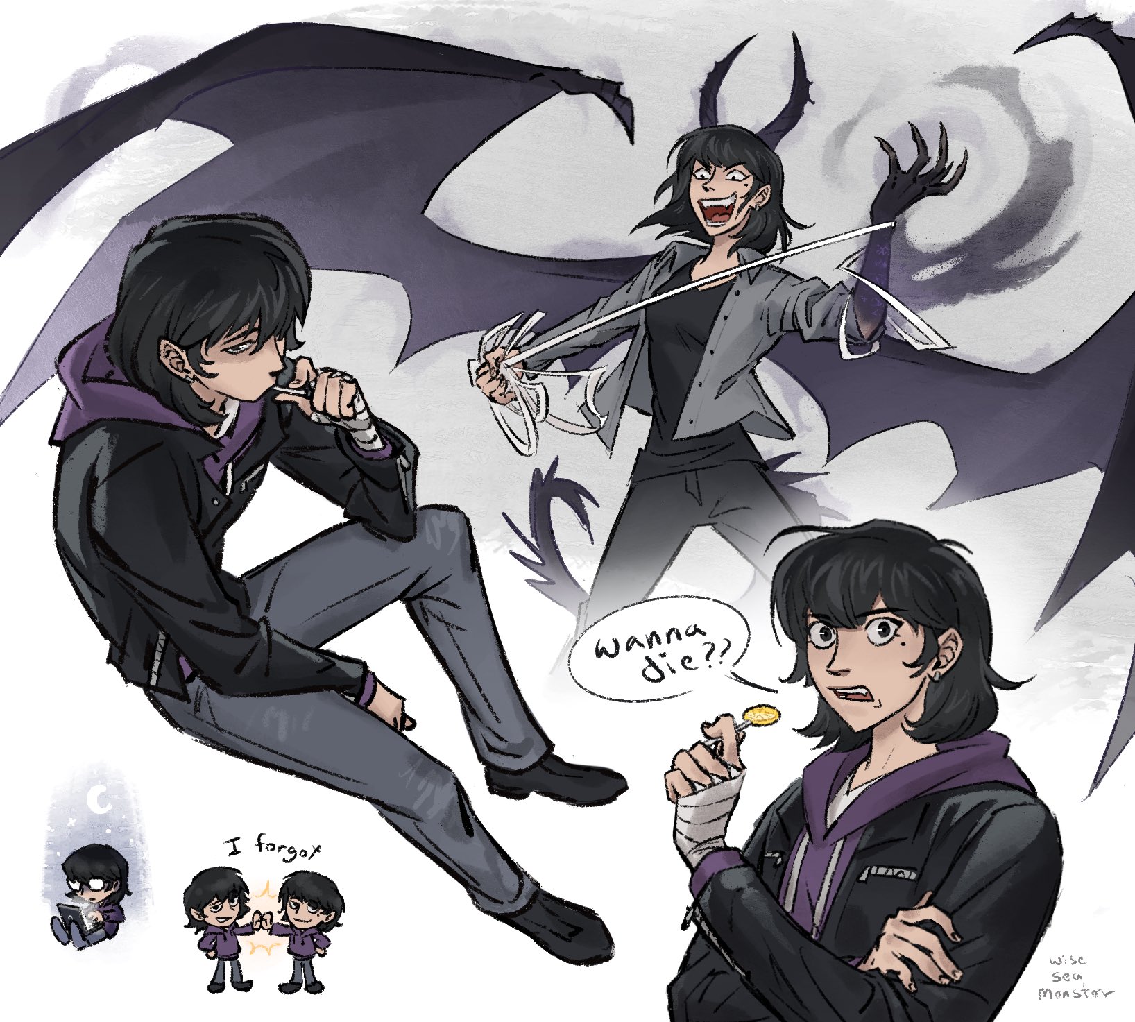 wiseseamonster, han sooyoung, omniscient reader's viewpoint, highres, 1girl, :d, abyssal black flame dragon (omniscient reader's viewpoint), bandaged arm, bandaged hand, bandages, bat wings, black eyes, black hair, black hoodie, black shirt, black wings, bob cut, candy, demon horns, dragon tail, english text, food, full body, gradient skin, grey jacket, hair flowing over, holding, holding candy, holding food, holding lollipop, hood, hood down, hoodie, horns, invisible chair, jacket, kemonomimi mode, lollipop, multiple views, open mouth, popped collar, purple hood, shirt, short hair, sitting, smile, speech bubble, tail, transformation, two-tone hoodie, wings