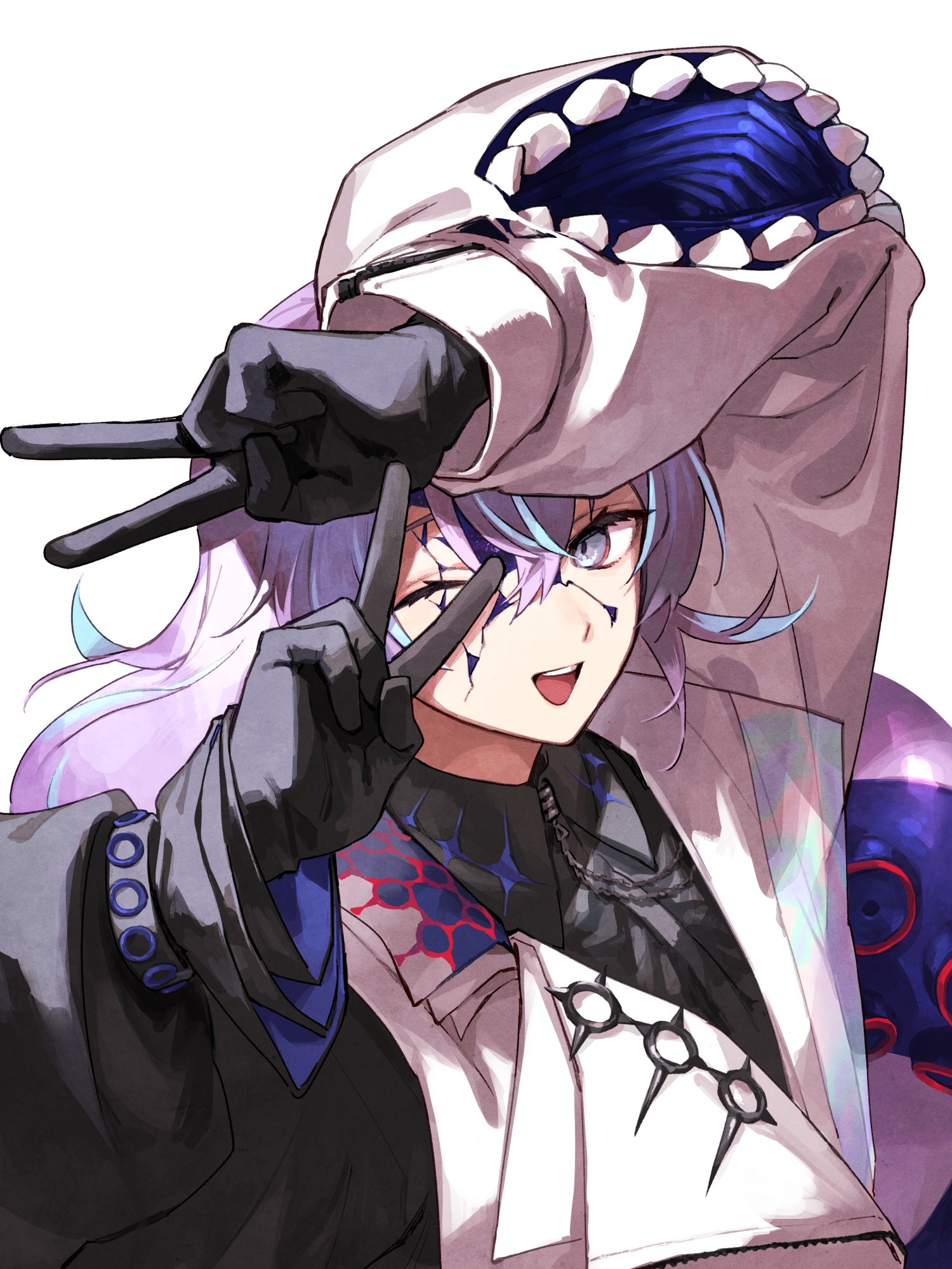 soto, hoshirube sho, hoshirube sho (1st costume), nijisanji, highres, 1boy, :d, arm up, black gloves, black shirt, collared shirt, cracked skin, double v, gloves, jacket, lapels, long hair, looking at viewer, male focus, multicolored hair, one eye closed, open mouth, purple eyes, purple hair, shirt, simple background, smile, solo, streaked hair, tentacle hair, upper body, v, v over eye, virtual youtuber, white background, white jacket