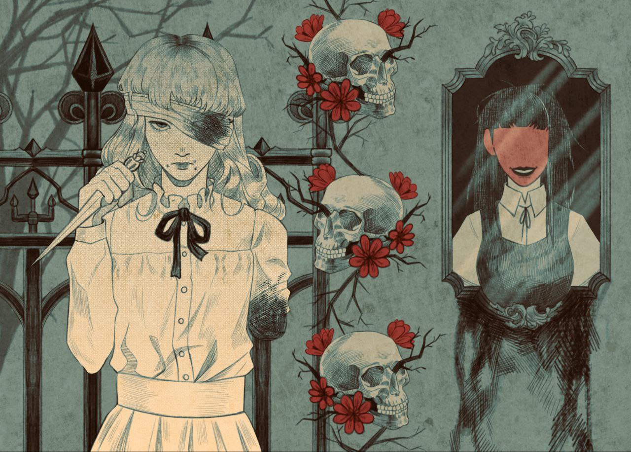 marina (fear & hunger), samarie (fear & hunger), fear & hunger (series), fear & hunger 2: termina, hashtag-only commentary, 2girls, amputee, bandage over one eye, bandages, blood, bloody bandages, closed mouth, dress, face piercing, faceless, faceless female, fence, flower, frilled shirt collar, frills, grin, holding, holding knife, knife, lips, long hair, long sleeves, looking at viewer, maamori san1, mouth piercing, multiple girls, neck ribbon, piercing, pinafore dress, portrait, red flower, reverse grip, ribbon, sepia, shirt tucked in, skull, sleeveless, sleeveless dress, smile, spot color, upper body