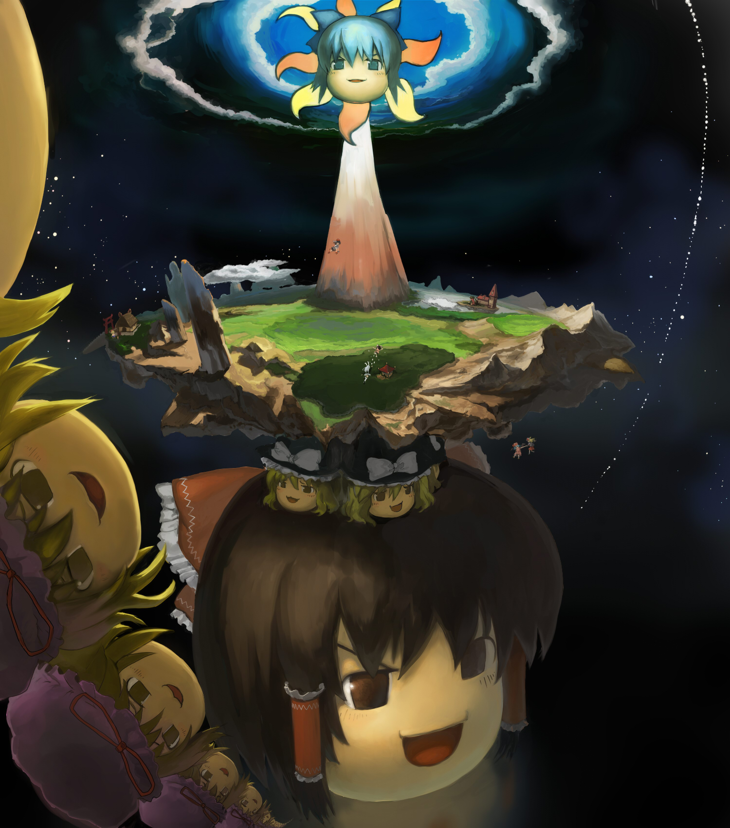 bob (biyonbiyon), alice margatroid, cirno, flandre scarlet, hakurei reimu, hong meiling, ibuki suika, inaba tewi, kirisame marisa, reisen udongein inaba, remilia scarlet, shameimaru aya, shanghai doll, yakumo yukari, discworld, touhou, highres, 6+girls, dyson ring, epic, female focus, gensokyo, multiple girls, parody, scarlet devil mansion, shrine, space, surreal, torii, what, yukkuri shiteitte ne