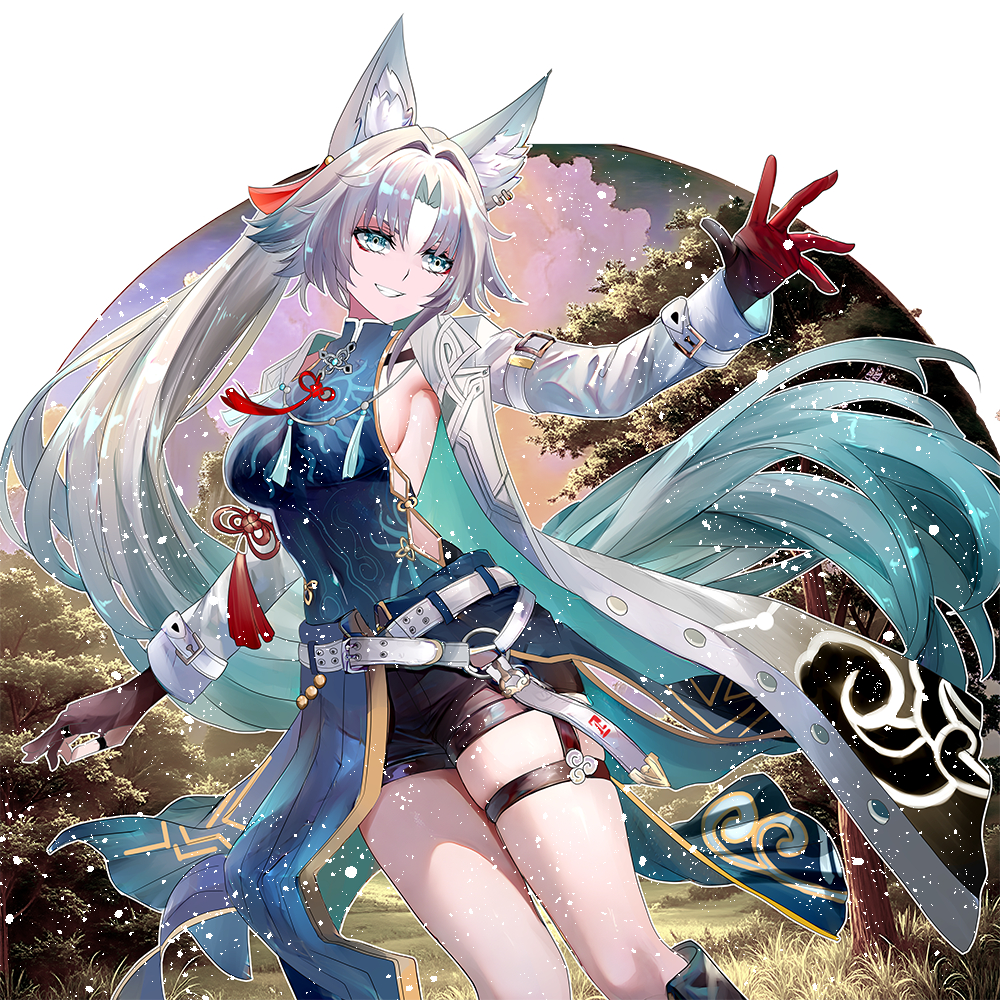 feixiao (honkai: star rail), honkai: star rail, honkai (series), 1girl, animal ear fluff, animal ear piercing, animal ears, black gloves, breasts, forehead jewel, fox ears, fox girl, gloves, green eyes, grey hair, long hair, looking at viewer, miyashirokiyu, parted bangs, shirt, sideboob, smile, solo, very long hair, white hair