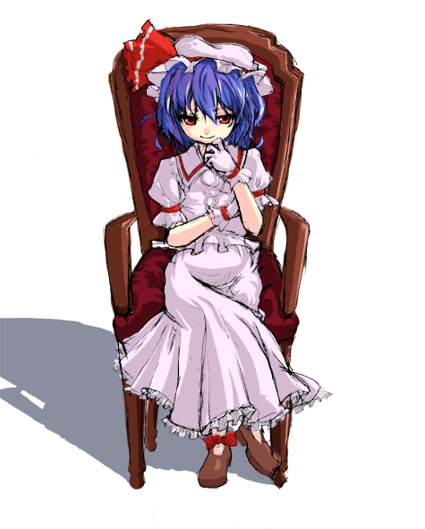 atsumi haru, remilia scarlet, touhou, 1girl, blue hair, chair, female focus, full body, gloves, hat, red eyes, ribbon, short hair, sitting, solo, white background