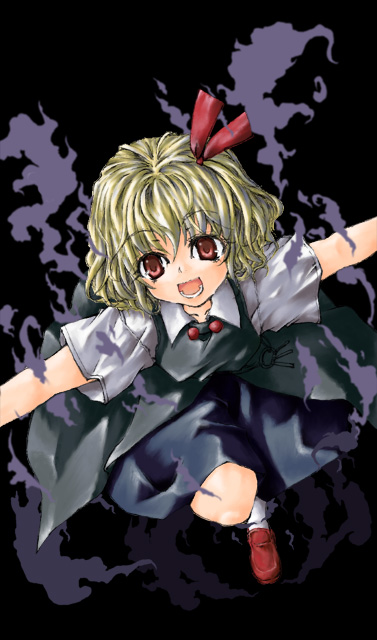sasakura koneri, rumia, embodiment of scarlet devil, touhou, bad id, bad pixiv id, 1girl, blonde hair, darkness, female focus, outstretched arms, red eyes, ribbon, short hair, solo, spread arms
