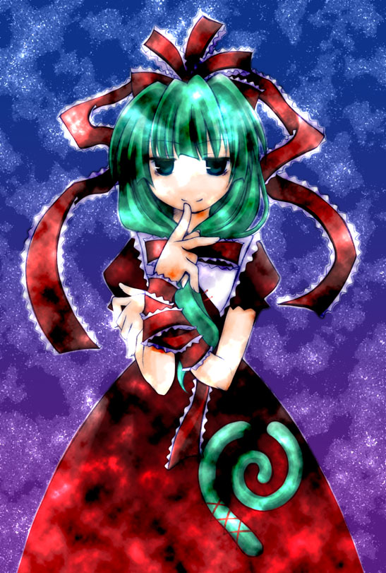 miyako rine, miyaline, kagiyama hina, touhou, 1girl, female focus, front ponytail, green eyes, green hair, hair ribbon, long hair, matching hair/eyes, ribbon, solo