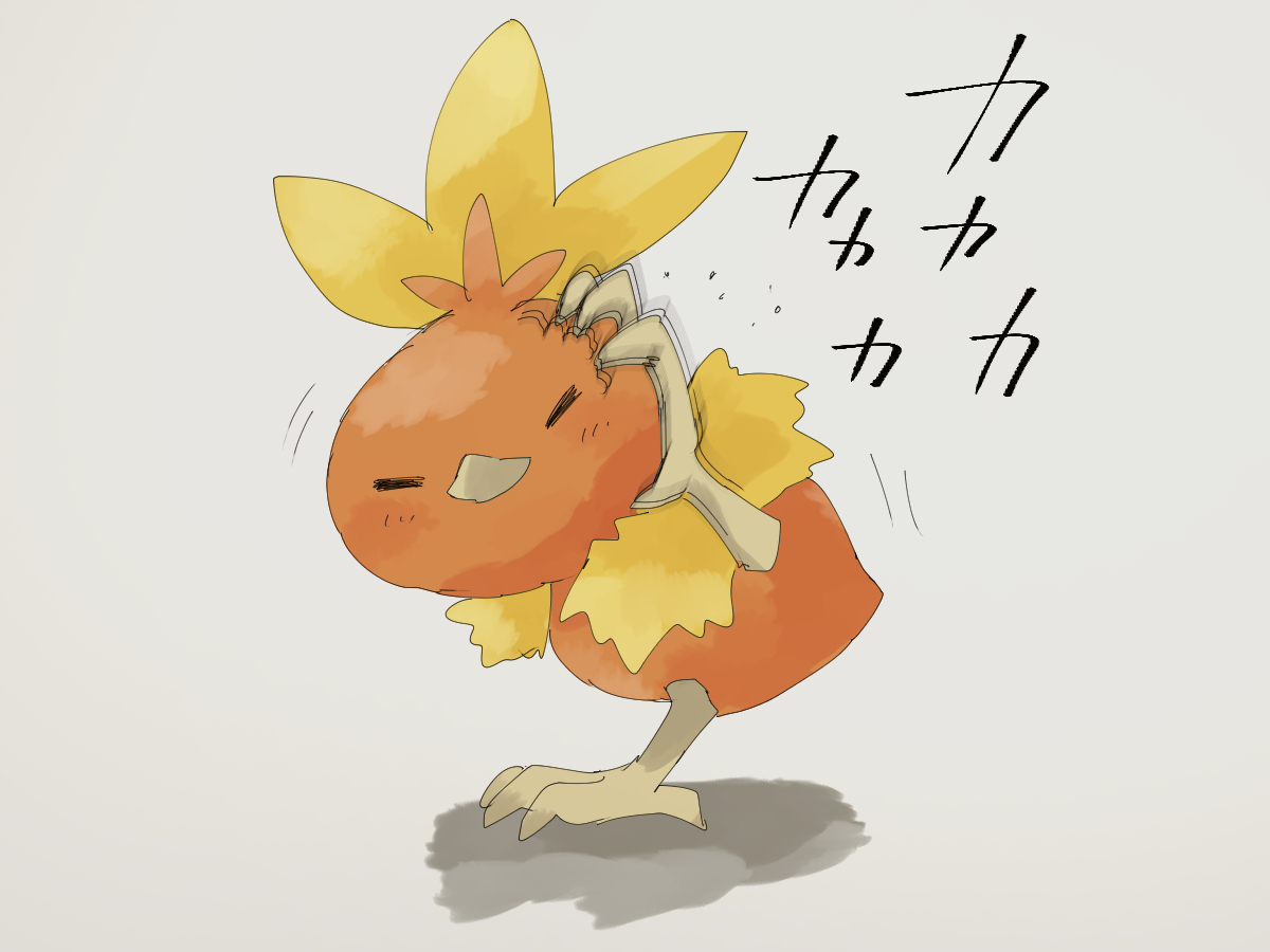 fusenryo, torchic, nintendo, pokemon, animal focus, beak, bird, closed eyes, closed mouth, facing viewer, gen 3 pokemon, no humans, pokemon (creature), pokemon focus, scratching head, simple background, standing, standing on one leg