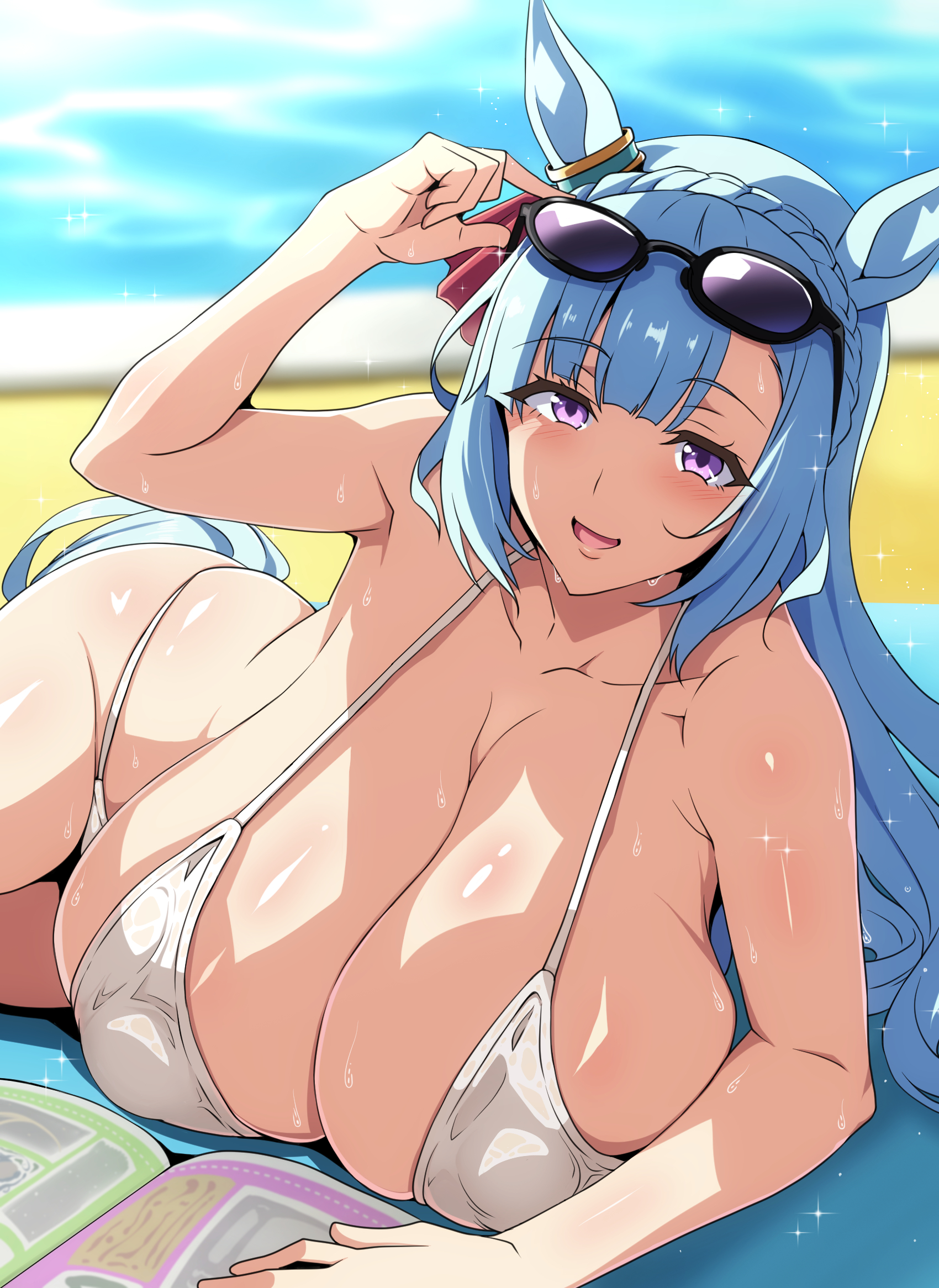 tony man+, mejiro ardan (umamusume), umamusume, highres, 1girl, alternate breast size (larger), animal ears, bikini, blue hair, bow, braid, breasts, cleavage, crown braid, ear ornament, ear ribbon, eyewear on head, glasses, horse ears, horse girl, horse tail, huge breasts, long hair, looking at viewer, lying, magazine (object), on side, purple eyes, skindentation, smile, solo, string bikini, sunglasses, swimsuit, tail, white bikini