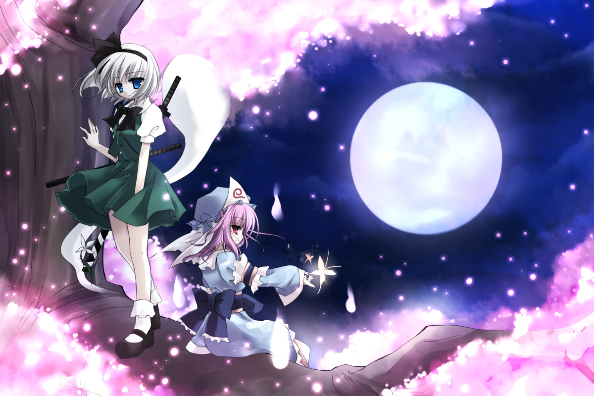 imari yuka, konpaku youmu, konpaku youmu (ghost), saigyouji yuyuko, touhou, silver hair, 2girls, cherry blossoms, female focus, full moon, ghost, hairband, hat, hitodama, japanese clothes, katana, kimono, moon, multiple girls, pink hair, purple eyes, ribbon, short hair, sword, weapon