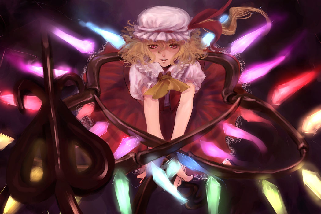 kito (coyo), flandre scarlet, touhou, 1girl, blonde hair, female focus, glowing, glowing wings, hat, laevatein, looking down, mob cap, open mouth, ponytail, red eyes, ribbon, short hair, skirt, smile, solo, wavy hair, wings