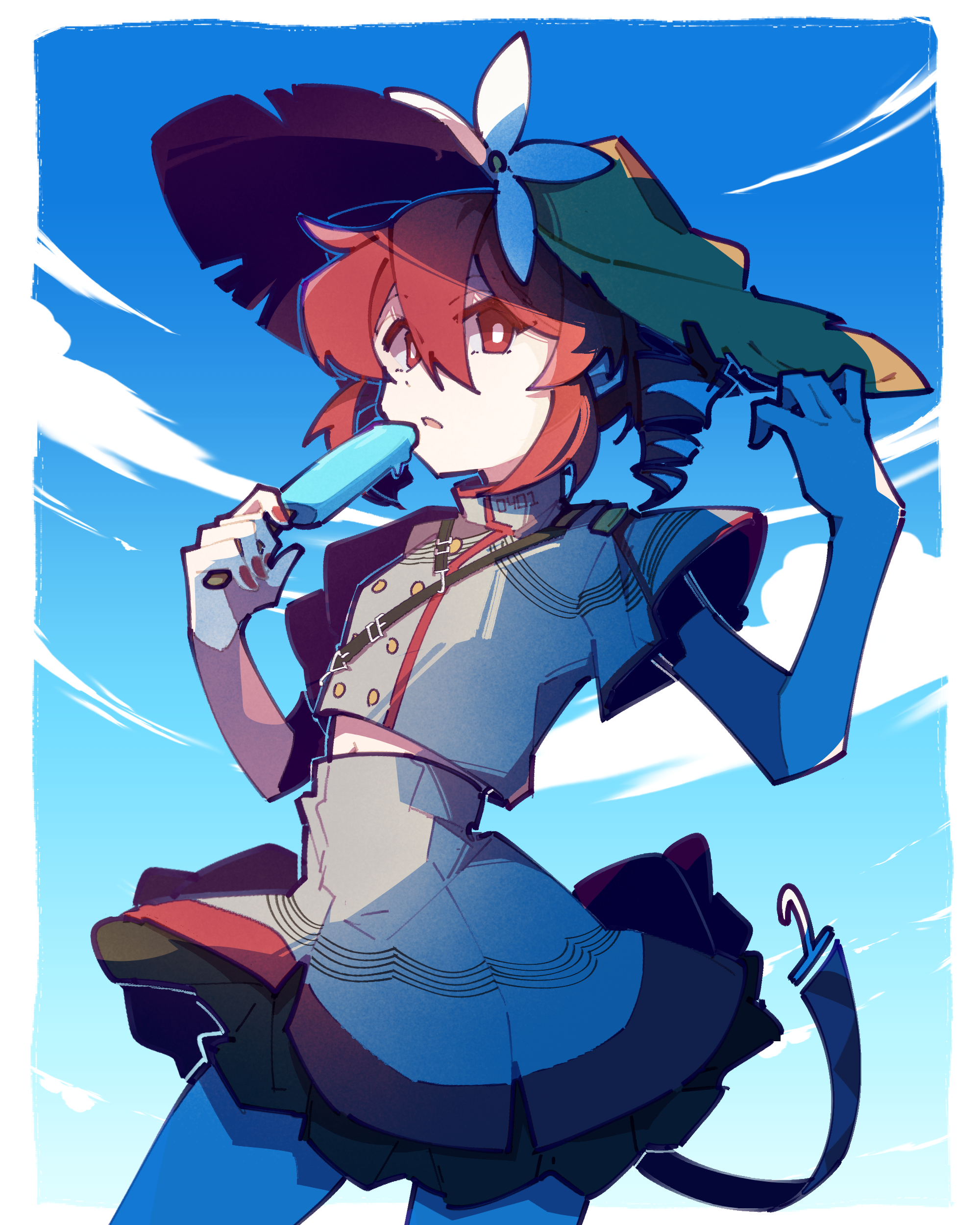 jiu (jiu076), kasane teto, kasane teto (sv), synthesizer v, utau, absurdres, highres, 1girl, adapted costume, bright pupils, cloud, cowboy shot, drill hair, flower, food, grey shirt, grey skirt, hair between eyes, hat, hat flower, looking at viewer, navel, navel peek, open mouth, outdoors, popsicle, red eyes, red hair, red nails, shirt, short hair, short sleeves, skirt, solo, sun hat, twin drills, white pupils