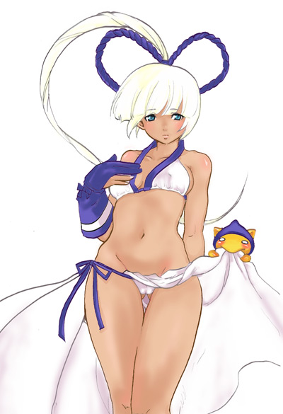 loco, champloo, champuru, majikina mina, samurai spirits, snk, 1girl, bikini, blue eyes, cameltoe, clothes lift, dark-skinned female, dark skin, female focus, gloves, long hair, panties, ponytail, skirt, skirt lift, solo, swimsuit, underwear, white hair
