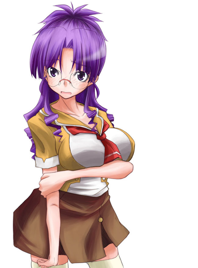 zanku, matsuura nanase, macross, macross frontier, 00s, breasts, glasses, huge breasts, purple eyes, purple hair, school uniform, serafuku, solo, thighhighs
