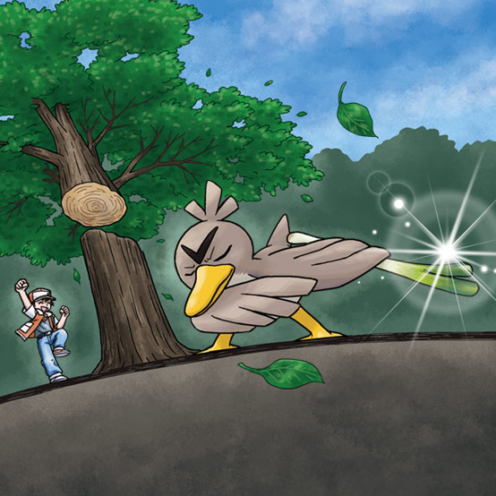 natsunagi takaki, farfetch'd, red (pokemon), nintendo, pokemon, pokemon rgby, artist request, check artist, commentary request, official art, second-party source, 1boy, :d, baseball cap, bird, black hair, blue pants, blue sky, chopping, clenched hand, closed eyes, cloud, cloudy sky, cut (pokemon), day, denim, food, gen 1 pokemon, glint, happy, hat, holding, holding food, holding spring onion, holding vegetable, jeans, leaf, open mouth, outdoors, pants, pokemon (creature), pokemon move, shirt, shoes, short sleeves, sky, smile, spring onion, tree, vegetable
