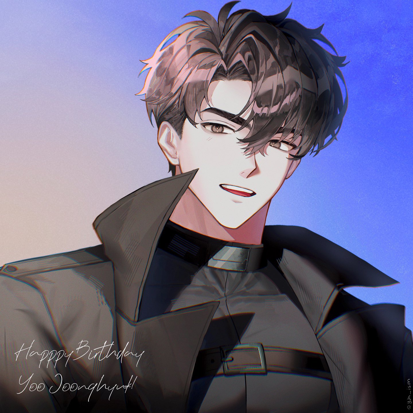 yoo joonghyuk, omniscient reader's viewpoint, highres, 1boy, black coat, black eyes, black hair, character name, chest belt, coat, crew neck, curtained hair, happy birthday, looking at viewer, male focus, open mouth, popped collar, portrait, short hair, smile, solo, yjh ism
