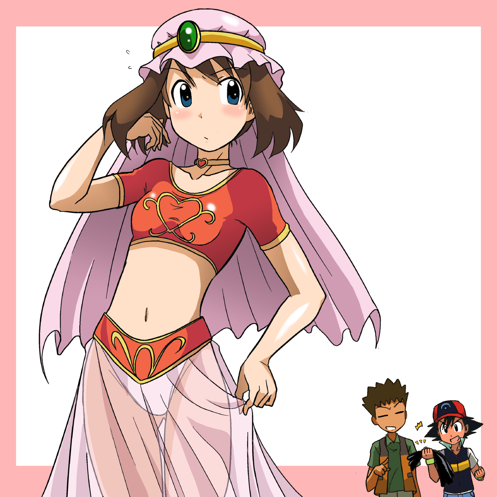 takaya n, ash ketchum, brock (pokemon), may (pokemon), nintendo, pokemon, pokemon (anime), pokemon contest, pokemon dp077, pokemon dppt (anime), highres, 1girl, 2boys, alternate costume, alternate headwear, arabian clothes, black hair, blue eyes, blush, border, brown hair, child, choker, collar, dancer, harem pants, hat, jewelry, midiff, midriff, multiple boys, navel, official alternate costume, panties, pants, standing, transparent, underwear, veil, white background