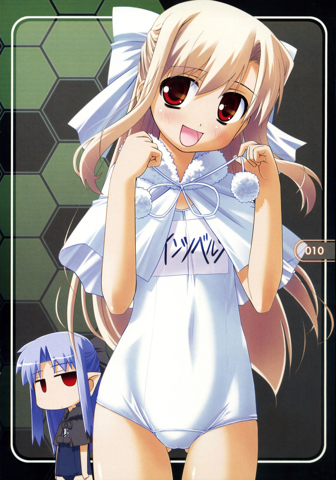 bakutendou, illyasviel von einzbern, len (tsukihime), white len (tsukihime), fate/stay night, fate (series), melty blood, tsukihime, type-moon, highres, 2girls, blonde hair, blue hair, bow, cape, capelet, cosplay, hair bow, half updo, honeycomb (pattern), honeycomb background, honeycomb pattern, multiple girls, name tag, one-piece swimsuit, pointy ears, pom pom (clothes), red eyes, ribbon, school swimsuit, swimsuit, white one-piece swimsuit, white ribbon, white school swimsuit