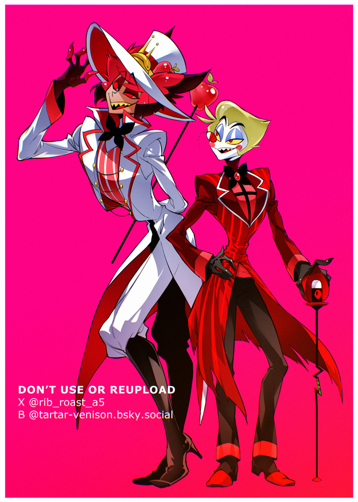 kotobuki toro, alastor (hazbin hotel), lucifer morningstar (hazbin hotel), hazbin hotel, hellaverse, 2boys, alastor (hazbin hotel) (cosplay), animal ears, apple, arm behind back, blonde hair, bluesky username, boots, border, brown pants, brown shoes, circle facial mark, coat, colored extremities, colored sclera, colored skin, cosplay, deer ears, food, fruit, full body, hand on cane, hat, height difference, lucifer morningstar (hazbin hotel) (cosplay), male focus, monocle, multiple boys, pants, pants tucked in, red-tinted eyewear, red coat, red eyes, red hair, red sclera, shoes, short hair, striped clothes, striped vest, tinted eyewear, twitter username, vest, white border, white coat, white hat, white pants, white skin, yellow sclera