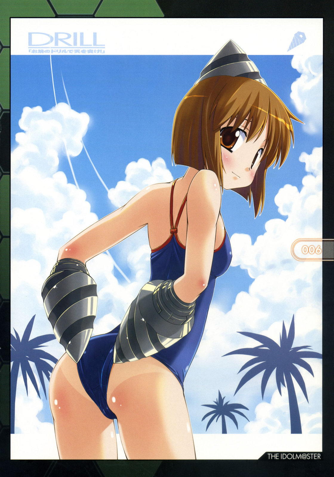 bakutendou, hagiwara yukiho, idolmaster, idolmaster (classic), idolmaster 1, highres, 00s, 1girl, ass, blush, bob cut, brown eyes, brown hair, cloud, competition school swimsuit, contrail, day, drill, female focus, from behind, light smile, looking at viewer, looking back, one-piece swimsuit, one-piece tan, palm tree, red eyes, school swimsuit, shiny skin, short hair, sky, solo, swimsuit, tan, tanline, tree