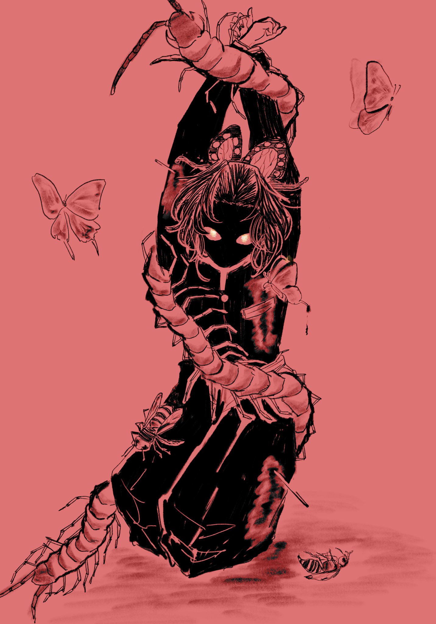 kochou shinobu, kimetsu no yaiba, commentary request, highres, 1girl, arms up, blood, blood on clothes, bound, bound wrists, bright pupils, bug, butterfly, butterfly hair ornament, centipede, curtained hair, demon slayer uniform, eyes in shadow, face in shadow, full body, hair ornament, injury, insect, long sleeves, looking at another, monochrome, oversized bug, parted bangs, pink theme, short hair, simple background, solo, torn clothes, wasp, wonisuruno