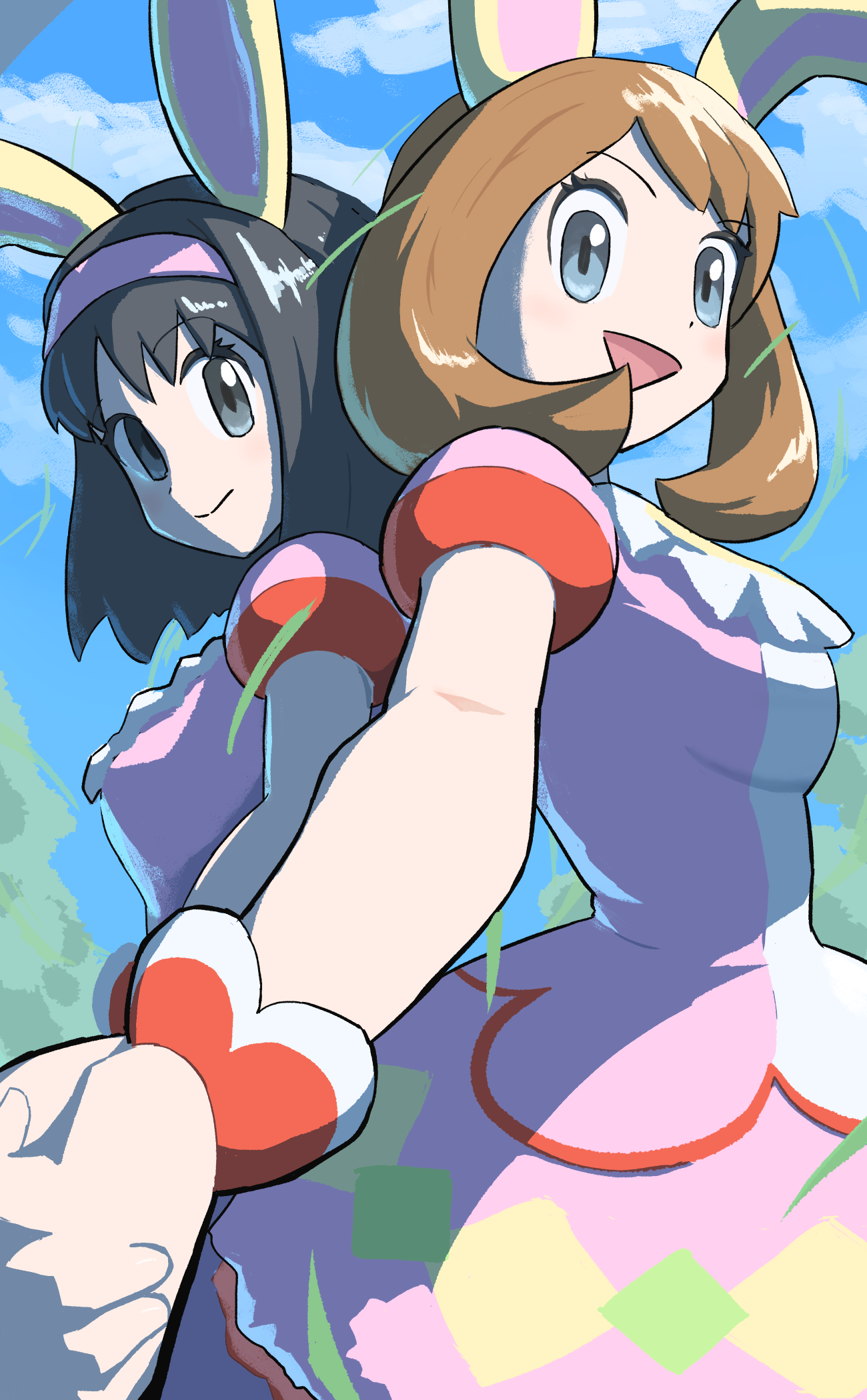 erika (pokemon), may (pokemon), may (spring 2021) (pokemon), nintendo, pokemon, pokemon masters ex, highres, 2girls, :d, animal ears, back-to-back, brown hair, closed mouth, cosplay, dress, fake animal ears, hairband, holding hands, interlocked fingers, looking at viewer, may (pokemon) (cosplay), multiple girls, niisan2023, official alternate costume, open mouth, pink dress, pink hairband, puffy short sleeves, puffy sleeves, rabbit ears, short hair, short sleeves, smile