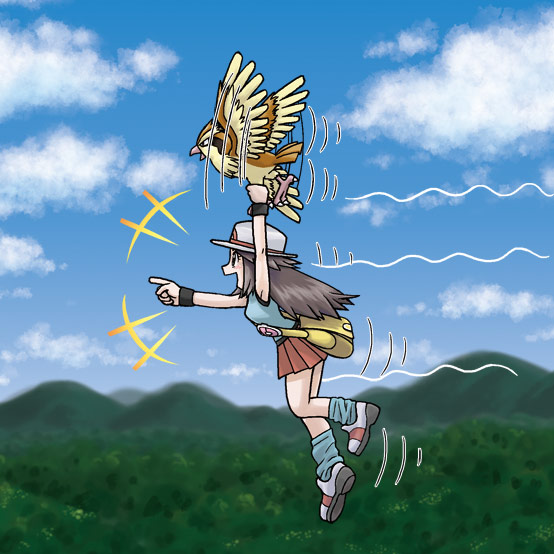 natsunagi takaki, leaf (pokemon), pidgey, nintendo, pokemon, pokemon frlg, commentary request, official art, second-party source, +++, 1girl, :d, bag, blue shirt, blue socks, brown hair, bucket hat, cloud, day, fly (pokemon), flying, gen 1 pokemon, hanging, hat, long hair, loose socks, messenger bag, open mouth, outdoors, pleated skirt, pointing, pokemon (creature), pokemon move, red skirt, shirt, shoes, shoulder bag, skirt, sky, sleeveless, sleeveless shirt, smile, socks, vs seeker, white hat, white shoes, wristband, yellow bag