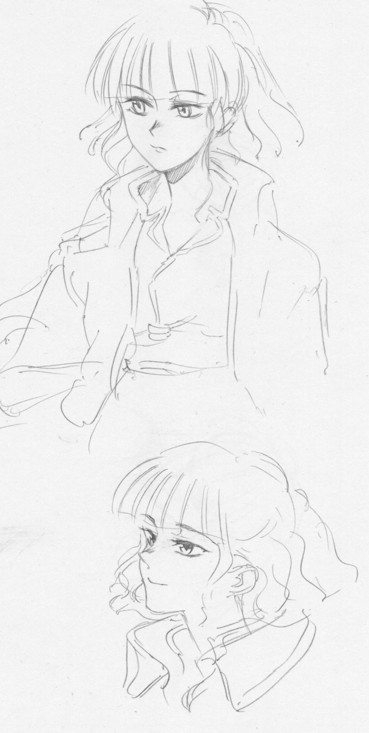 takahashi yoshi gyou, takahasi yoshiyuki, jung freud, top wo nerae!, top wo nerae! (series), highres, 1girl, coat, female focus, greyscale, monochrome, ponytail, sketch, solo