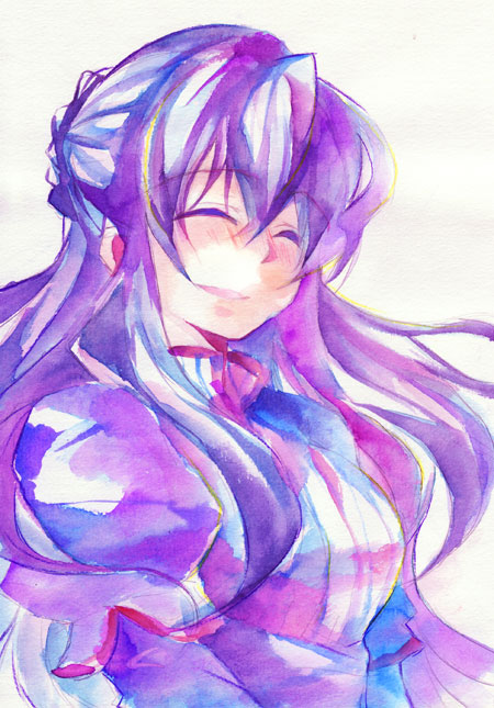 misaki kozue, marina ismail, gundam, gundam 00, striped, bad id, bad pixiv id, 00s, 1girl, ^ ^, breasts, closed eyes, closed mouth, female focus, purple hair, sidelocks, simple background, smile, solo, upper body, vertical stripes, white background