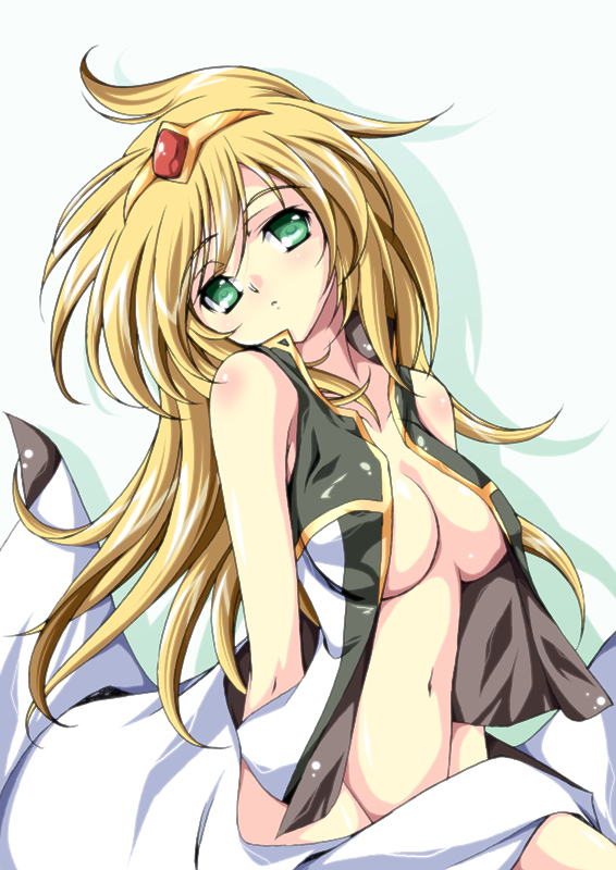 ka2, kahlua marjoram, broccoli (company), galaxy angel, galaxy angel rune, uniform, 00s, 1girl, blonde hair, breasts, circlet, cleavage, female focus, green eyes, large breasts, long hair, midriff, open clothes, open shirt, shirt, solo