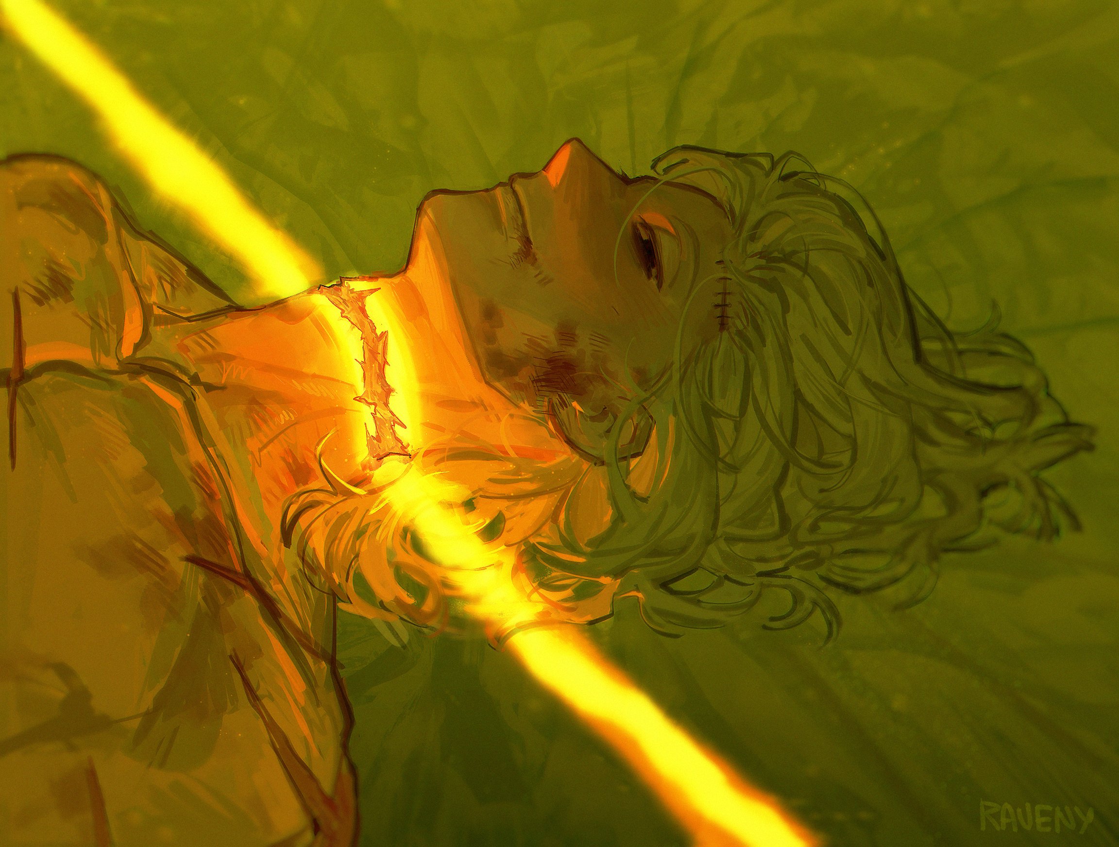 raveny raven, original, highres, 1boy, blonde hair, blood, blood on body, blood on face, blood on mouth, brown eyes, crack of light, curtained hair, from side, glowing, half-closed eyes, implied decapitation, looking at viewer, lying, male focus, medium hair, no shirt, on back, on ground, portrait, scar, scars all over, smile, solo, stitched forehead, stitched neck, stitches, too many