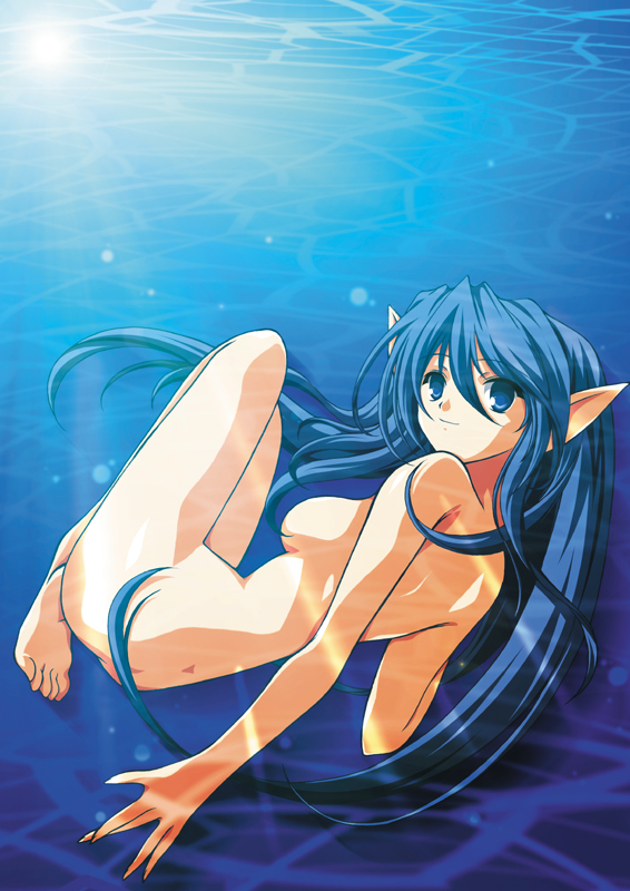ka2, original, toe-point, 1girl, ass, barefoot, blue eyes, blue hair, breasts, feet, female focus, light rays, long hair, matching hair/eyes, nude, pointy ears, smile, solo, sun, sunbeam, sunlight, underwater, water