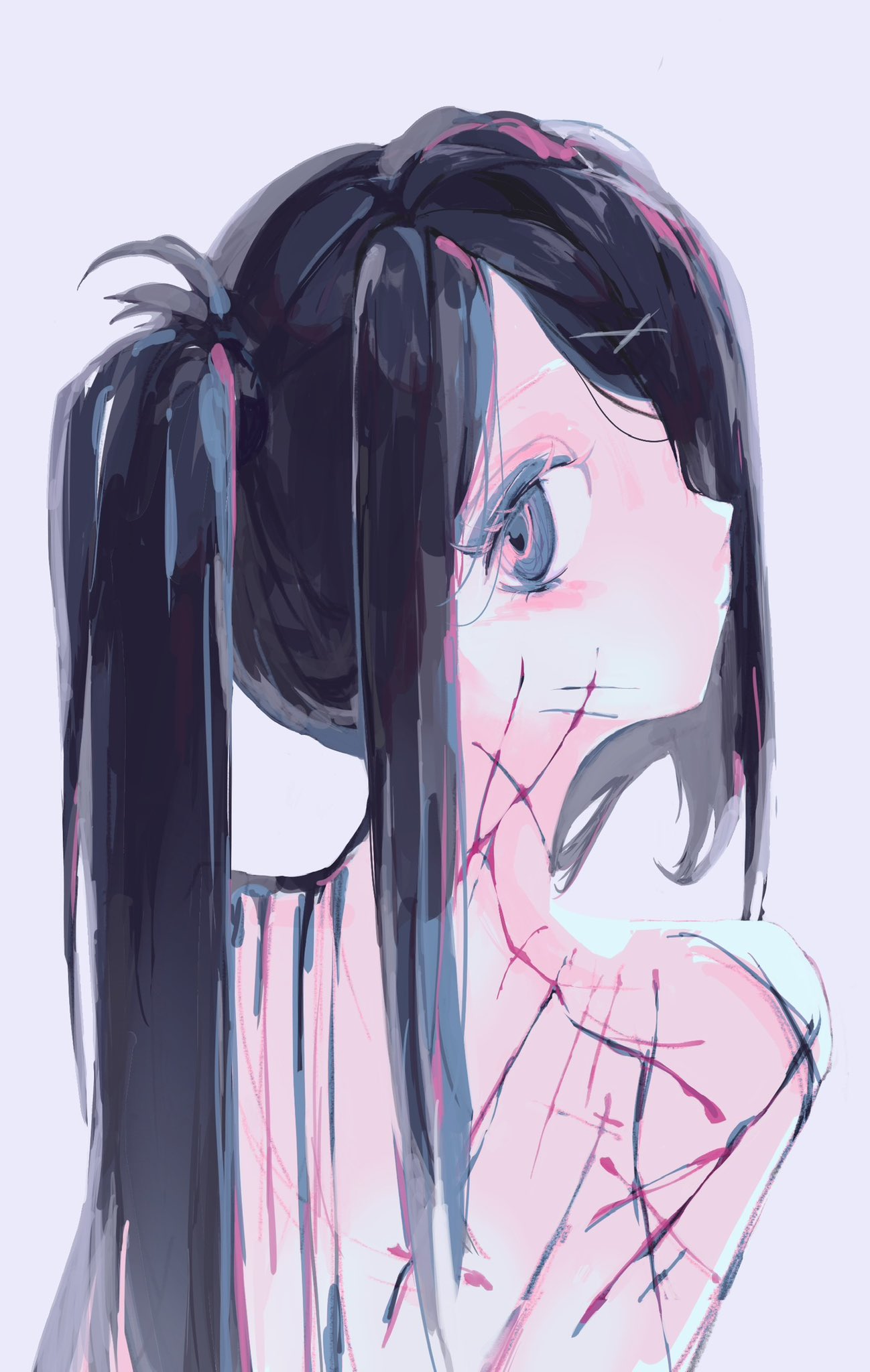 ame-chan (needy girl overdose), needy girl overdose, highres, 1girl, black eyes, black hair, bleeding, blood, breasts, expressionless, from behind, hair ornament, injury, large breasts, long sidelocks, looking at viewer, multiple scars, ponytail, ricinxxx, scar, scar on arm, scar on back, scar on shoulder, scars all over, self-harm, sidelocks, solo, steam, too many, upper body, x hair ornament