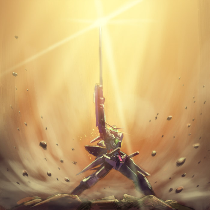 zhenlin, exia, gundam exia, gundam, gundam 00, 00s, action, glowing, glowing eyes, holding, holding sword, holding weapon, mecha, no humans, robot, sword, weapon, yellow theme
