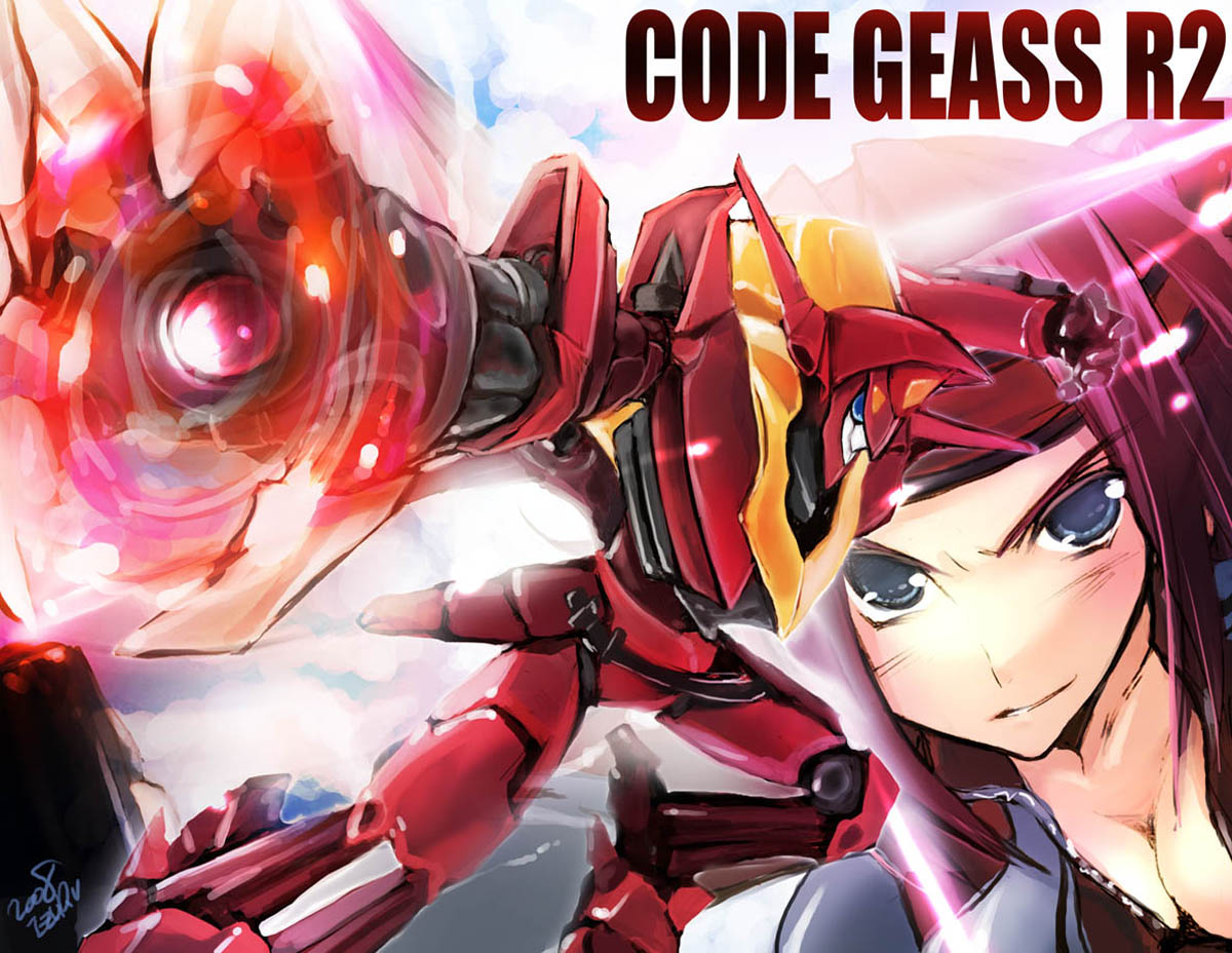 nekou izuru, guren (code geass), guren flight-enabled version, guren mk-ii, kouzuki kallen, code geass, 00s, 1girl, blue eyes, blush, bodysuit, breasts, cleavage, closed mouth, collarbone, copyright name, female focus, looking at viewer, machinery, mecha, red hair, robot, serious, short hair, solo, upper body