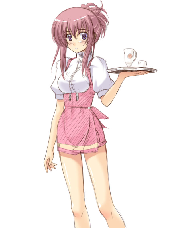 masakichi (crossroad), chikage (sister princess), anna miller, sister princess, 00s, pink hair, purple eyes, solo, standing, tray, waitress