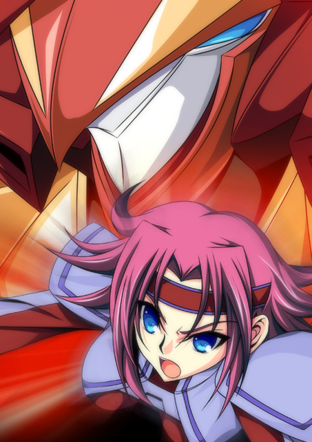 ka2, guren (code geass), guren mk-ii, kouzuki kallen, code geass, 00s, 1girl, :o, armor, blue eyes, bodysuit, breasts, female focus, headband, machinery, mecha, open mouth, pink hair, robot, short hair, shoulder pads, skin tight, solo, upper body
