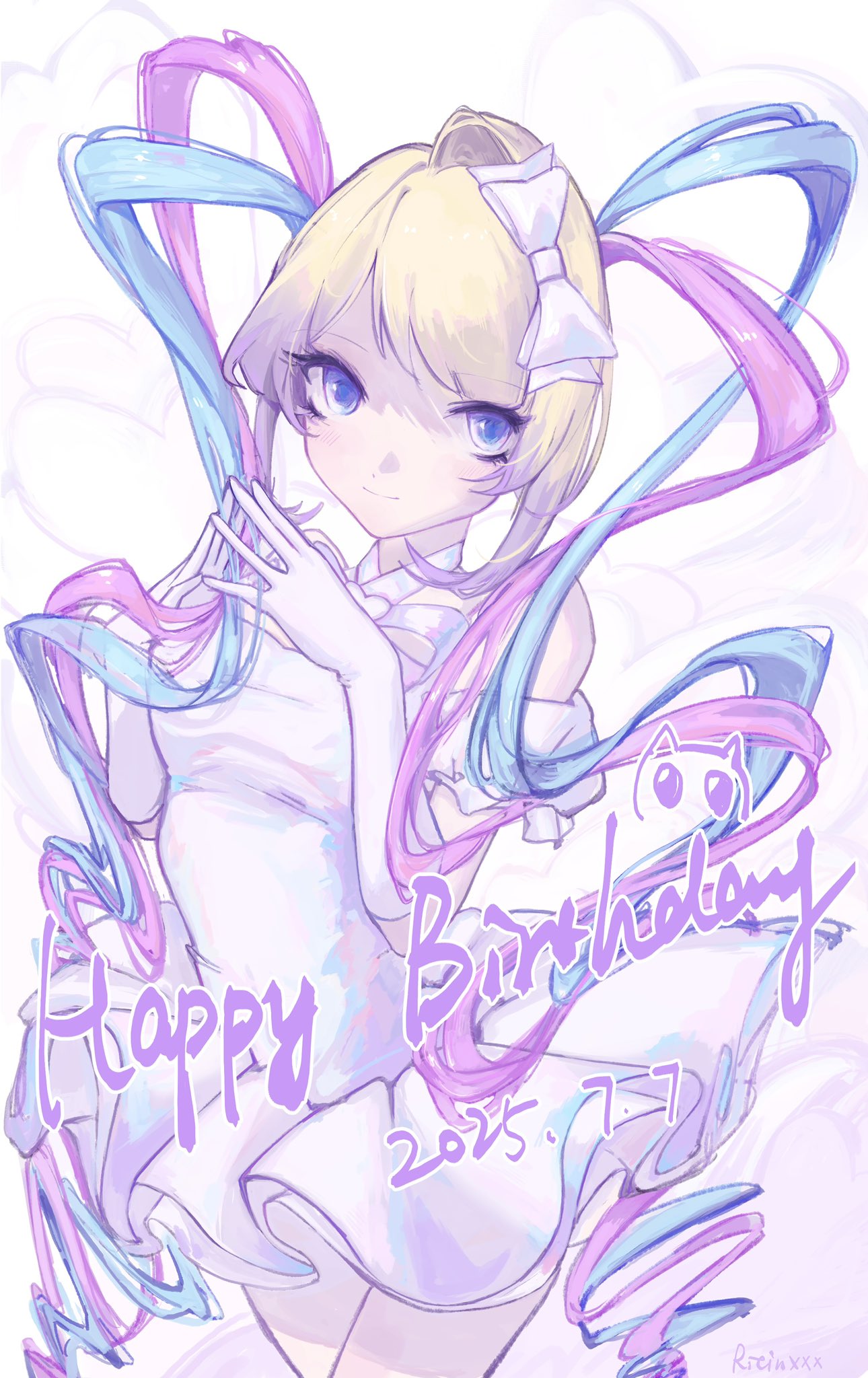 chouzetsusaikawa tenshi-chan, needy girl overdose, highres, 1girl, arm garter, blonde hair, blue eyes, blue hair, bow, colored tips, cowboy shot, crossed legs, dress, elbow gloves, gloves, hair bow, halterneck, happy birthday, head tilt, looking at viewer, multicolored hair, pink hair, quad tails, ricinxxx, sidelocks, smile, solo, steepled fingers, white dress, white gloves