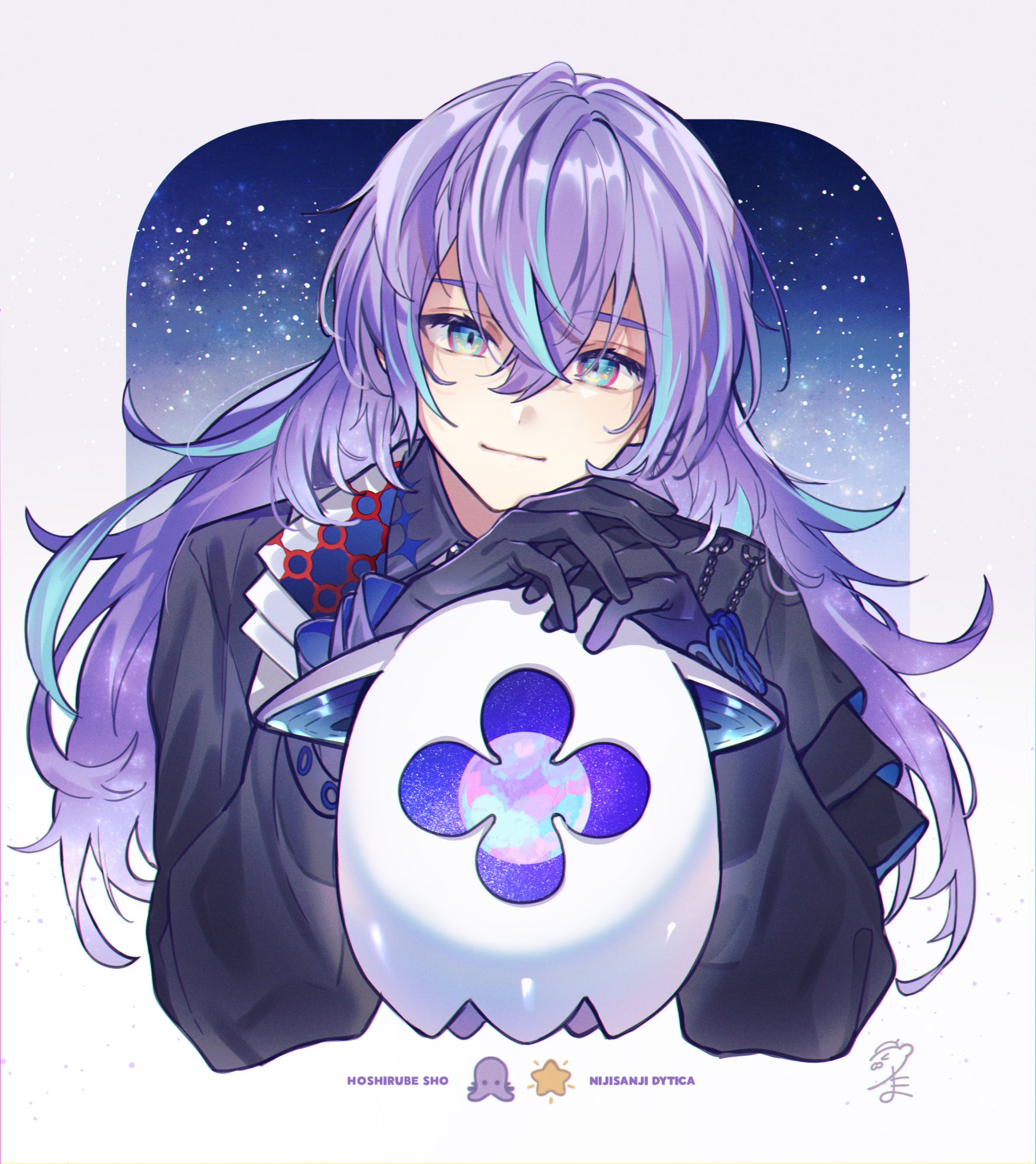 tama (songe), hoshirube sho, hoshirube sho (1st costume), otomo (hoshirube sho), nijisanji, hashtag-only commentary, highres, 1boy, black gloves, black shirt, blue eyes, character name, closed mouth, collared shirt, copyright name, gloves, long hair, looking at viewer, male focus, multicolored hair, own hands together, purple hair, shirt, signature, simple background, smile, solo, streaked hair, upper body, virtual youtuber, white background