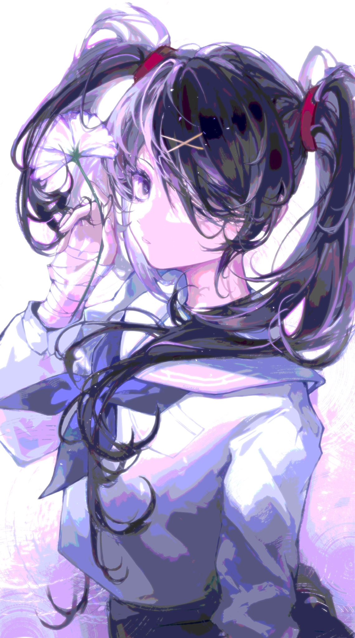 ame-chan (needy girl overdose), needy girl overdose, flower request, highres, 1girl, alternate costume, bandaged arm, bandages, black eyes, black skirt, chest bow, flower, hair ornament, hair over one eye, hair over shoulder, holding, holding flower, looking at viewer, ricinxxx, sailor collar, school uniform, shirt, short twintails, skirt, solo, twintails, white sailor collar, white shirt, x hair ornament