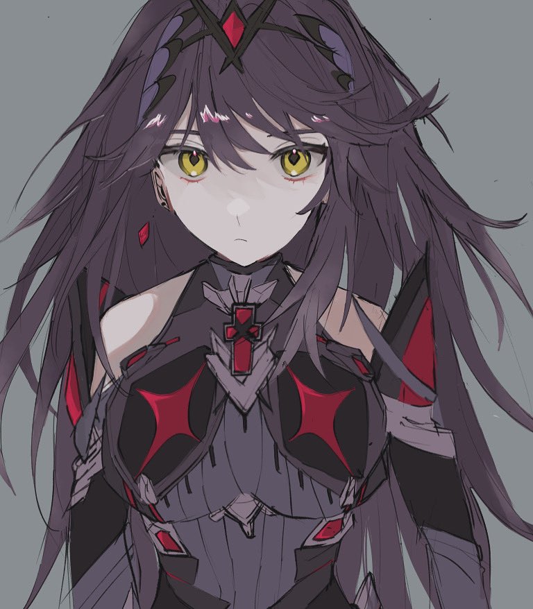 temmm o, mythra (xenoblade), nintendo, super smash bros., xenoblade chronicles (series), xenoblade chronicles 2, commentary request, 1girl, bare shoulders, black hair, breasts, chest jewel, close-up, closed mouth, earrings, flipped bangs, frown, grey background, hair between eyes, jewelry, large breasts, long hair, looking at viewer, official alternate color, official alternate costume, simple background, solo, swept bangs, tiara, upper body, yellow eyes