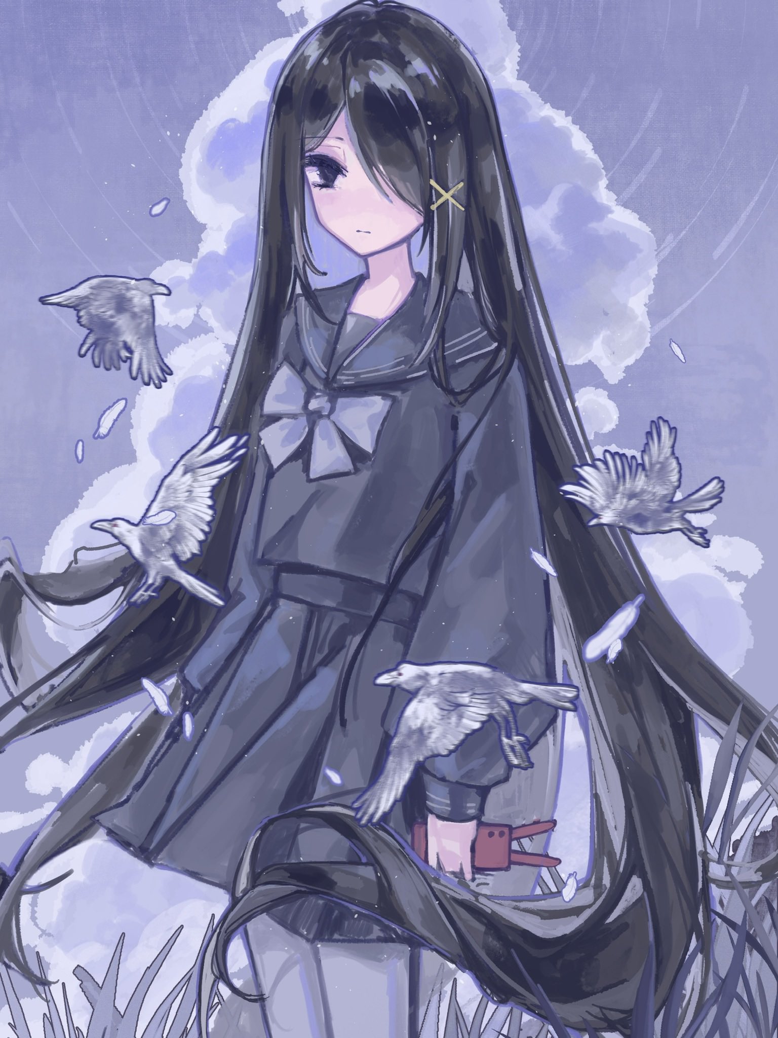 ame-chan (needy girl overdose), ame-chan (school uniform) (needy girl overdose), needy girl overdose, highres, 1girl, bird, black eyes, black serafuku, chest bow, cloud, cloudy sky, colored inner hair, dove, expressionless, falling feathers, feathers, feet out of frame, grey pantyhose, hair ornament, hair over one eye, head tilt, holding, holding phone, limited palette, long hair, long sidelocks, looking at viewer, multicolored hair, official alternate costume, pantyhose, phone, rain, ricinxxx, school uniform, serafuku, sidelocks, sky, solo, very long hair, wind, wind lift, x hair ornament