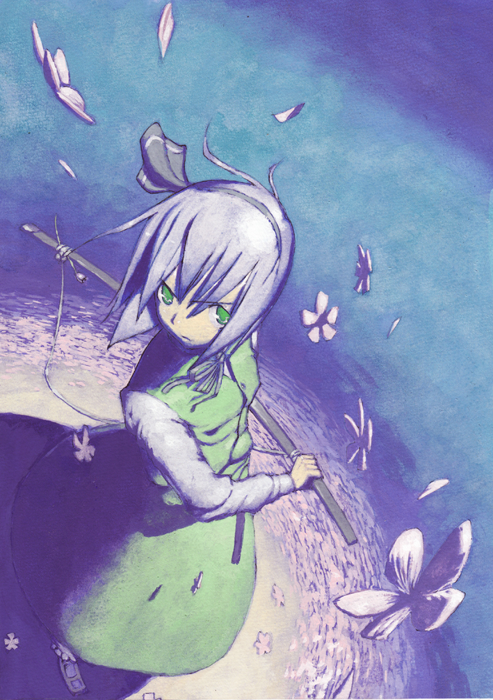 chomoran, konpaku youmu, touhou, bad id, bad pixiv id, 1girl, female focus, fighting stance, flower, from above, green eyes, katana, ready to draw, ribbon, serious, sheath, sheathed, short hair, solo, sword, weapon