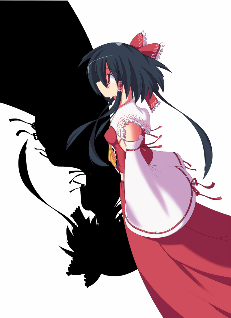 kururu (raru), hakurei reimu, touhou, 1girl, black hair, detached sleeves, female focus, japanese clothes, long hair, miko, profile, ribbon, solo