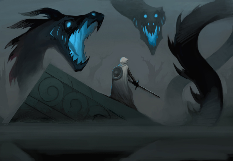 robert kim, original, bad id, bad pixiv id, 1boy, battle, dragon, glowing, glowing eyes, male focus, monster, ruins, shield, solo, sword, weapon