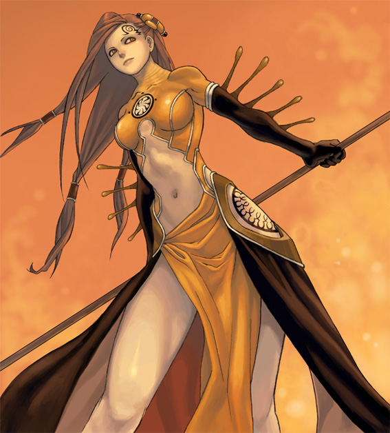 robert kim, original, bad id, bad pixiv id, brown hair, dress, legs, long hair, midriff, navel, solo, staff