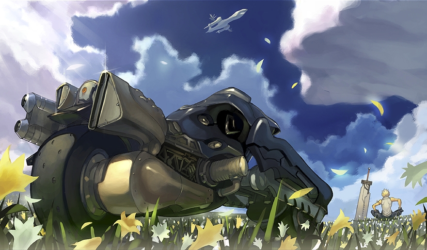 robert kim, cloud strife, final fantasy, final fantasy vii, final fantasy vii advent children, bad id, bad pixiv id, 00s, 1990s (style), 1boy, 1girl, aircraft, airship, bare shoulders, black pants, blonde hair, blue sky, cloud, day, female focus, fenrir (vehicle), field, flower, flower field, flying, from behind, grey shirt, huge weapon, indian style, letterboxed, male focus, motor vehicle, motorcycle, pants, petals, plant, planted, planted sword, planted weapon, retro artstyle, scenery, shirt, shoulder blades, sitting, sky, sleeveless, sleeveless shirt, solo, spread legs, sword, vehicle focus, weapon