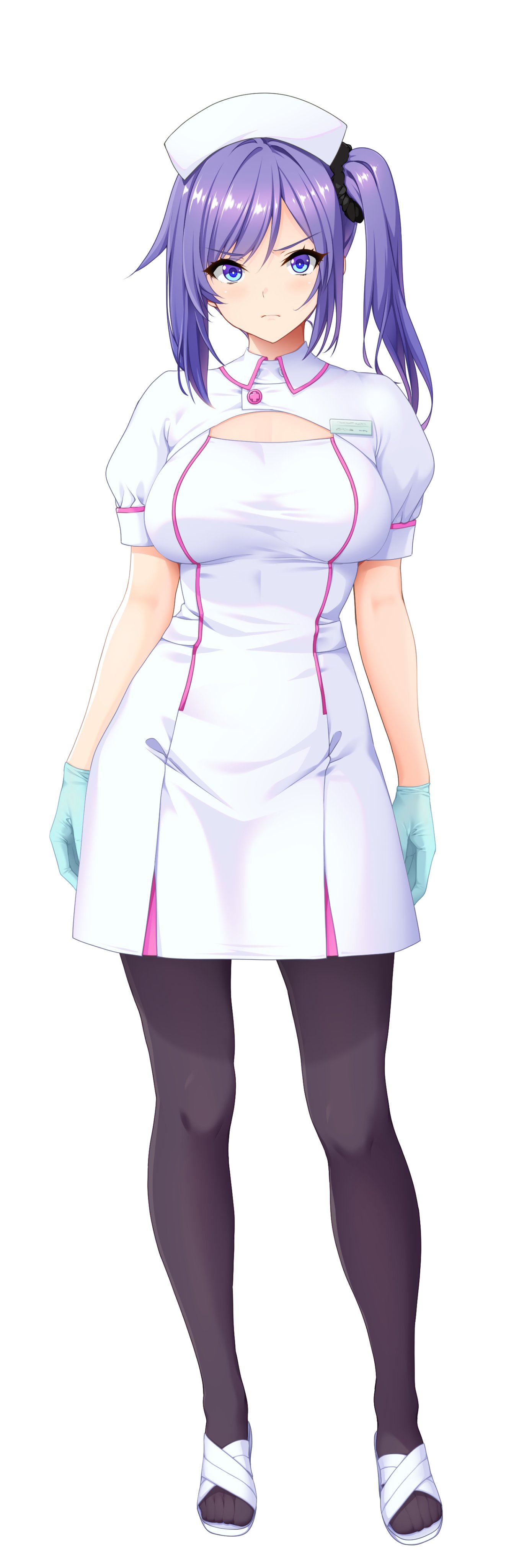 gintarou (kurousagi108), tachibana (sakusei byoutou), sakusei byoutou, absurdres, commentary request, highres, second-party source, 1girl, aqua gloves, black pantyhose, blue eyes, breasts, cleavage cutout, clothing cutout, dress, frown, full body, gloves, hat, large breasts, latex, latex gloves, nurse, nurse cap, pantyhose, purple hair, short dress, shrug (clothing), side ponytail, sidelocks, solo, v-shaped eyebrows, white dress, white shrug